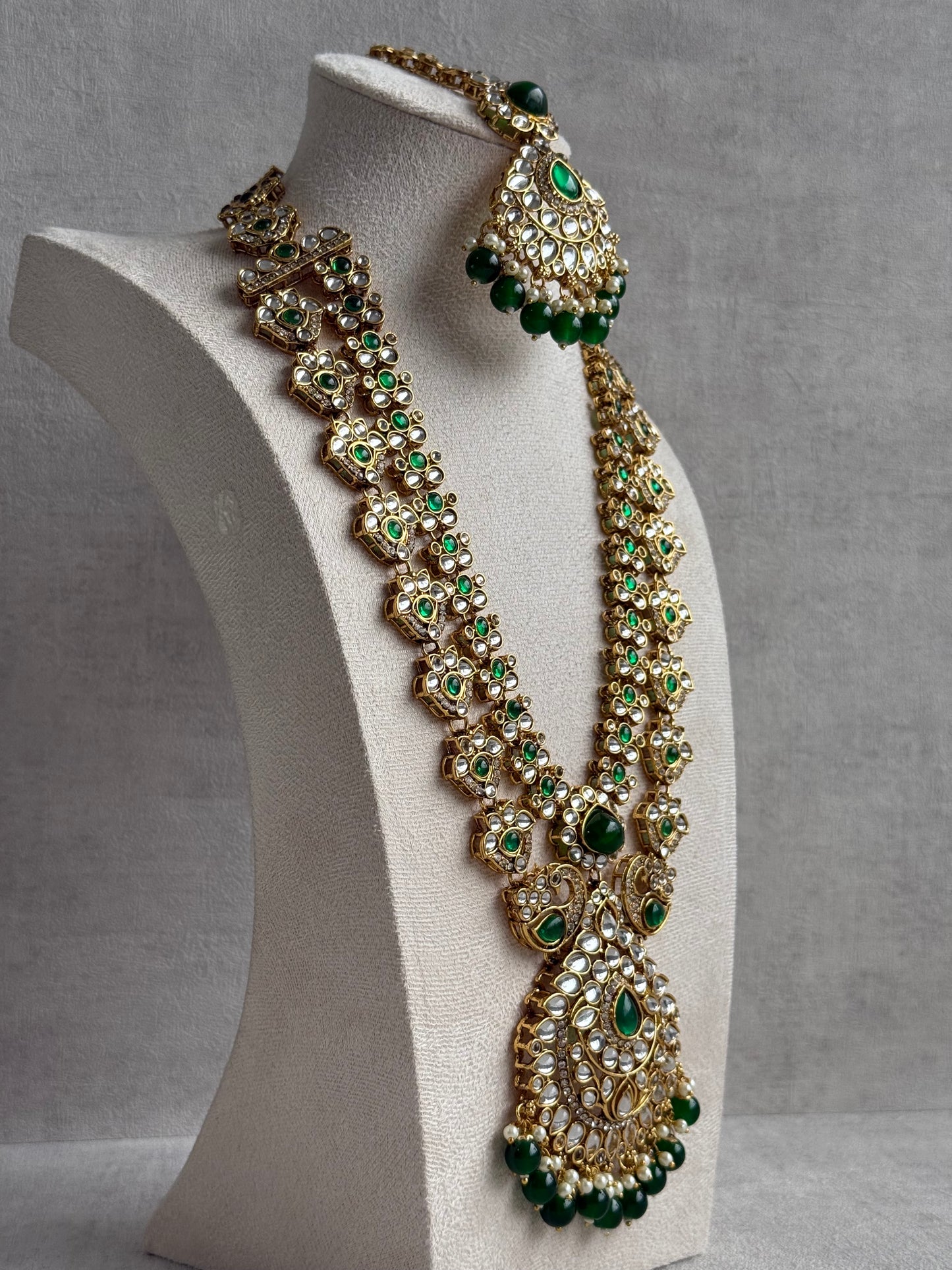 Ayura Designs Javeria Set with Earrings & Tikka – Emerald Green Stones, Mirror Kundan & Gold Finish