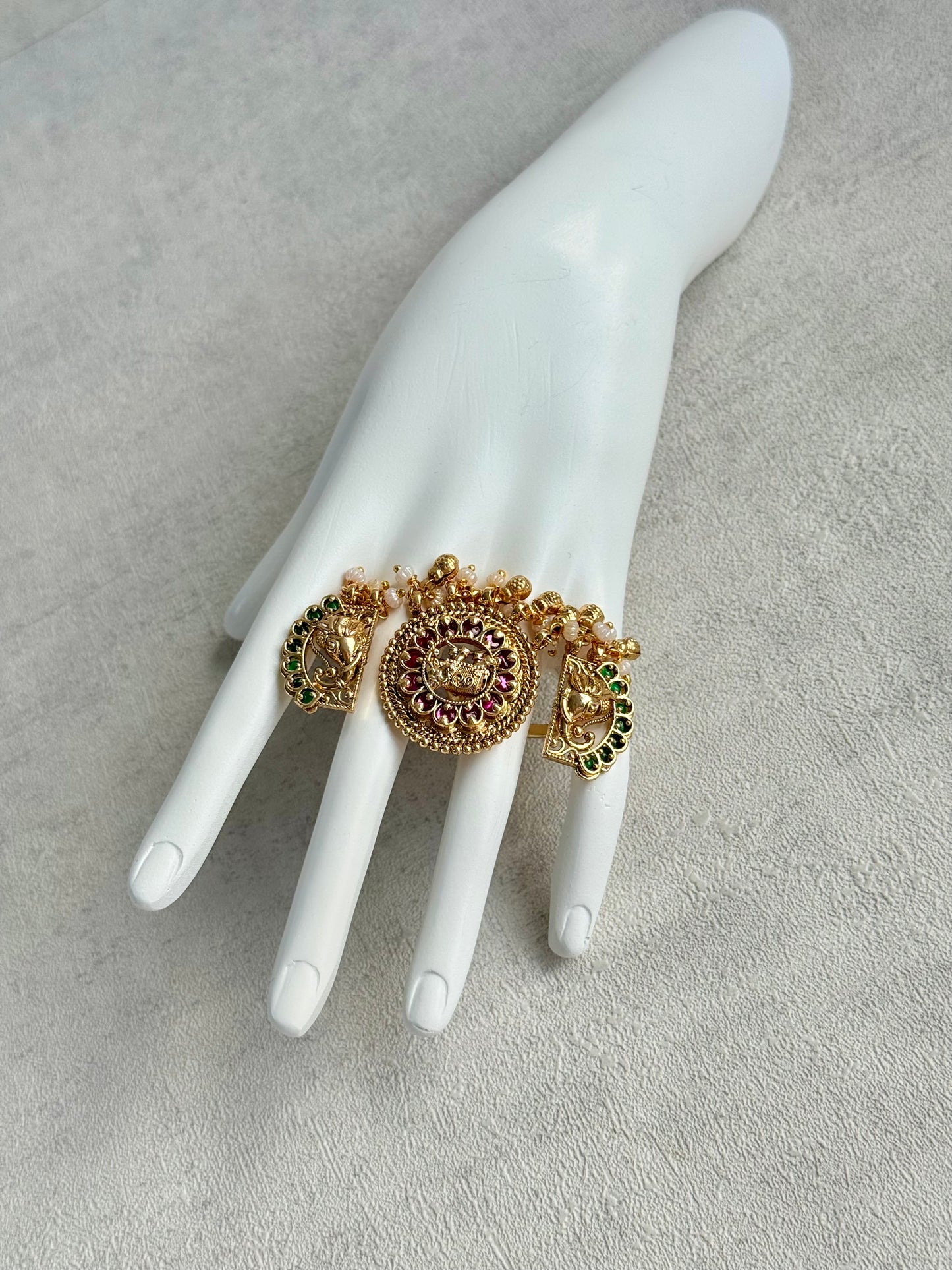 Ayura Designs Nira Adjustable Ring – Jadau-Inspired Gold Elephant Motifs with Rani Pink & Emerald Green Stones, Pearl Drops & Ghungroos