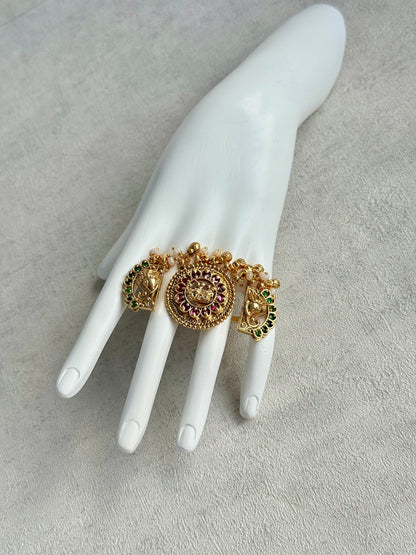 Ayura Designs Nira Adjustable Ring – Jadau-Inspired Gold Elephant Motifs with Rani Pink & Emerald Green Stones, Pearl Drops & Ghungroos