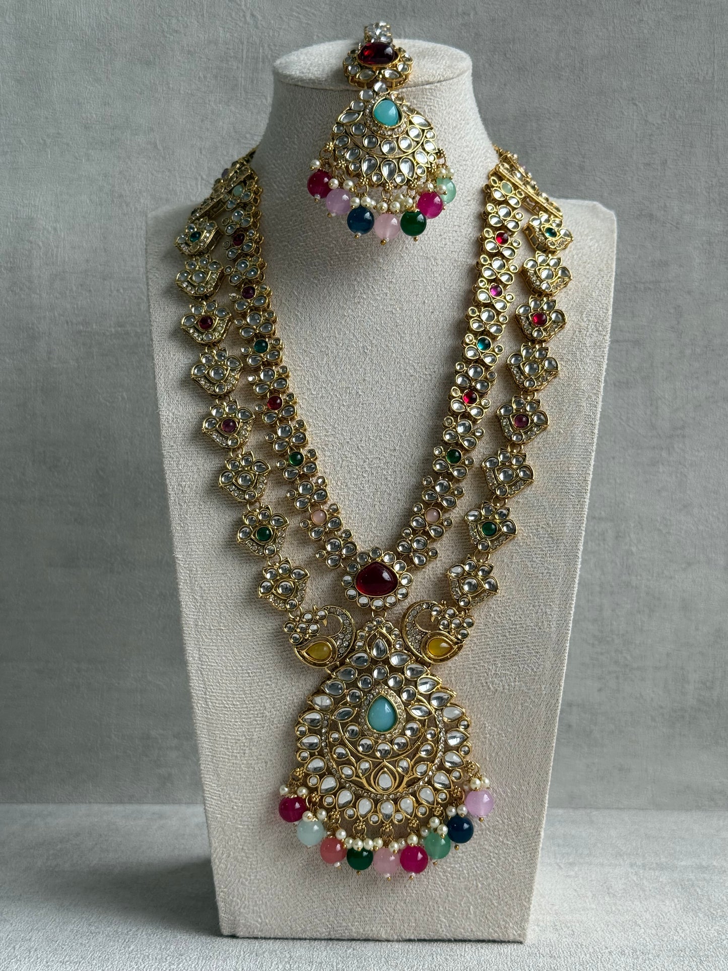 Ayura Designs Javeria Set with Earrings & Tikka – Multicolour Beads, Mirror Kundan & Gold Finish