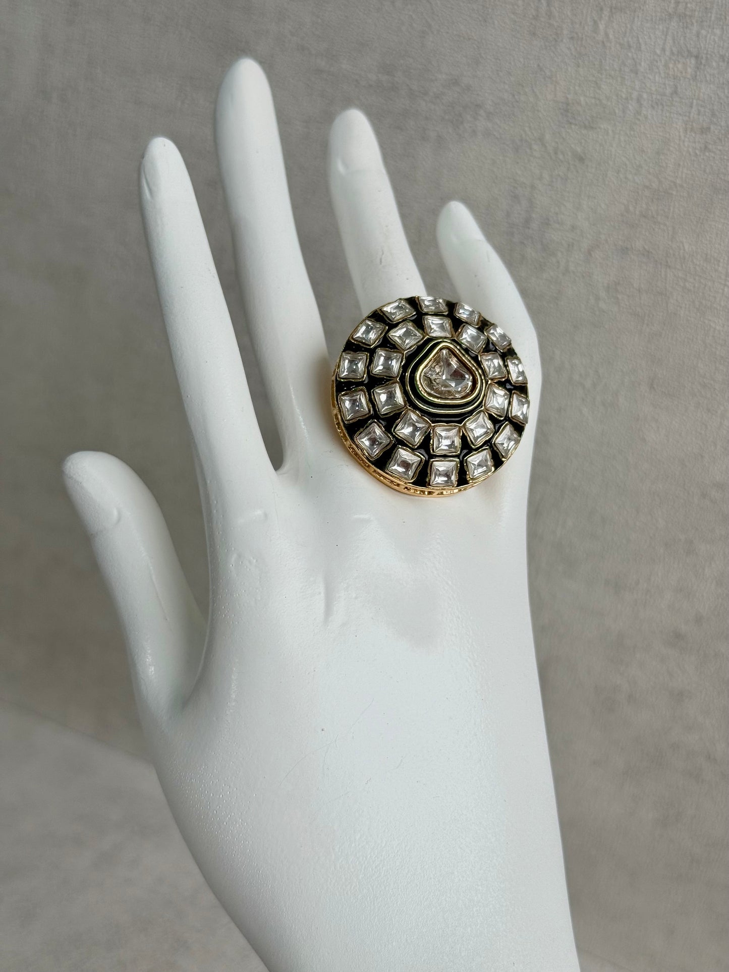Ayura Designs Zaib Adjustable Ring – Mirror-Cut Stone with Green Enamel & Crystal Detailing