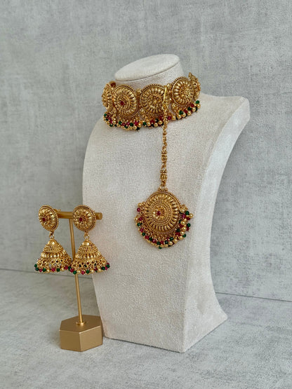Ayura Designs Nooriya Choker Set with Jhumkis & Tikka – Antique Gold with Ruby, Emerald & Pearl Detailing