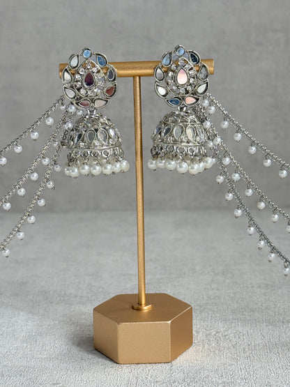 Ayura Designs Aiyana Jhumkis – Silver Mirror-Cut Earrings with Detachable Triple-Layer Pearl Sahare