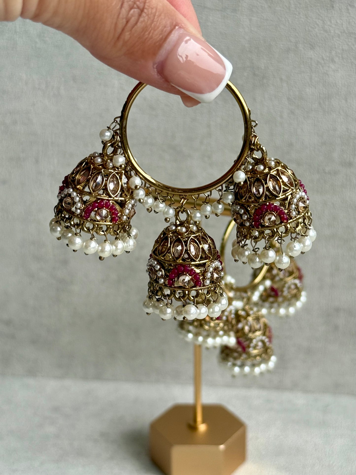 Ayura Designs Nakhra Balis – Fuchsia Triple Dome Earrings with Pearl Clusters & Mirror-Cut Detailing