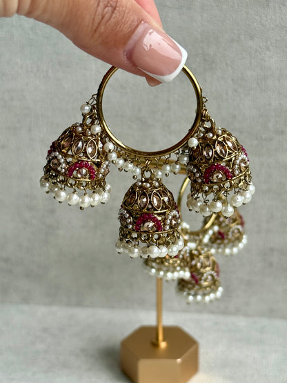 Ayura Designs Nakhra Balis – Fuchsia Triple Dome Earrings with Pearl Clusters & Mirror-Cut Detailing