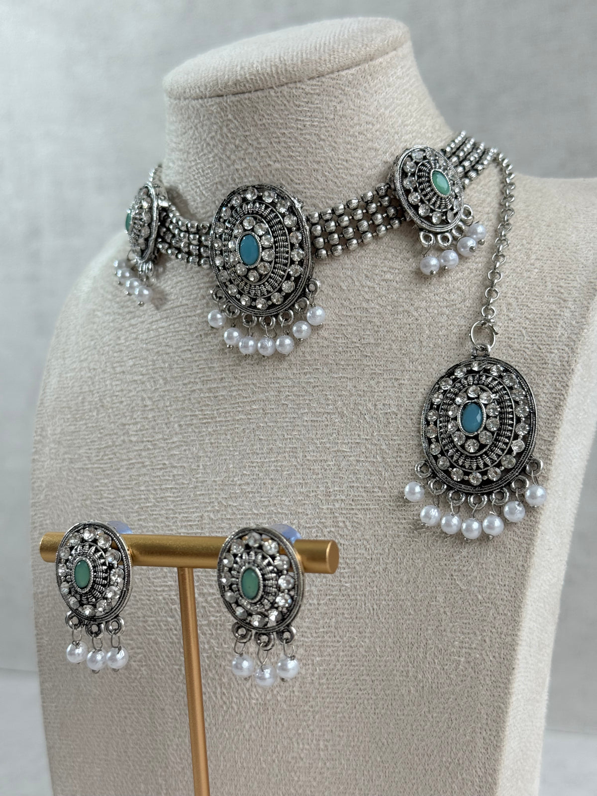 Ayura Designs Gauri Choker Necklace Set with Earrings & Tikka – Mint Green, Turquoise Blue & Crystal Stones with Oxidised Silver Finish