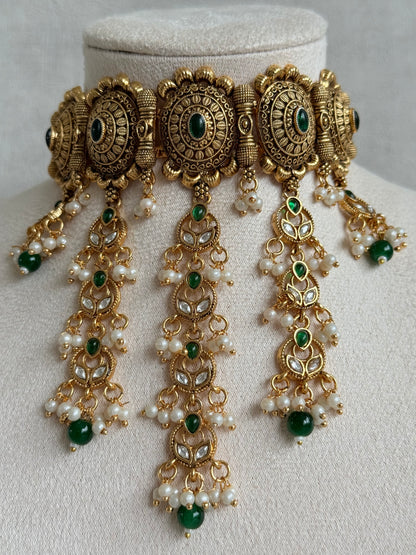 Ayura Designs Kabini Choker Set with Earrings – Gold Kundan Waterfall Choker with Emerald Green Beads & Pearls