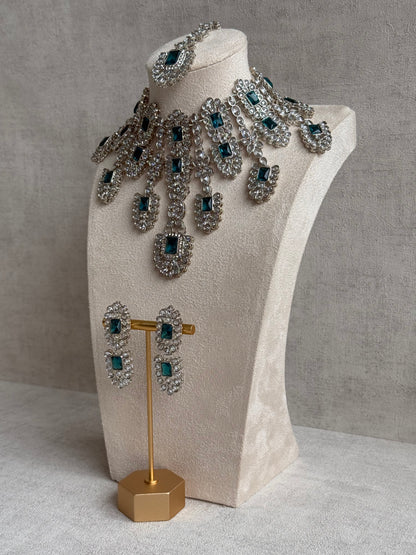 Ayura Designs Zinnia Set – Necklace, Earrings & Tikka with Teal Stones and Mirror-Cut Polki in Silver Finish