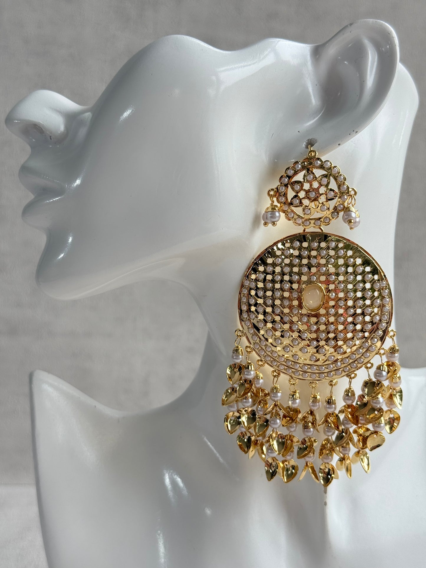 Ayura Designs Seerat Earrings – Ivory Gold Pippal Patti Design with Pearls