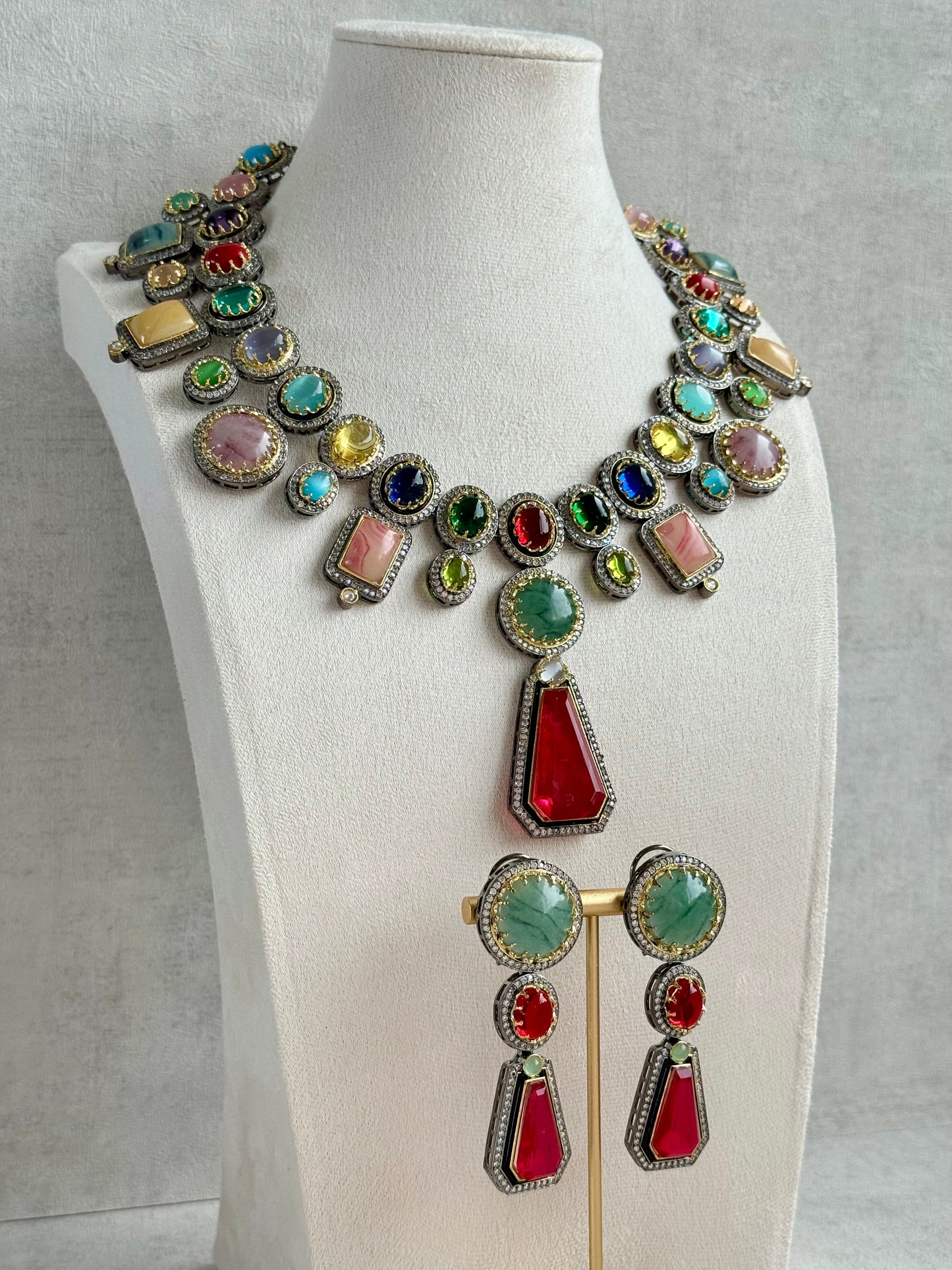 Ayura Designs Ophelia Set with Necklace & Earrings – Navratan Stone Detailing with Antique Silver Finish