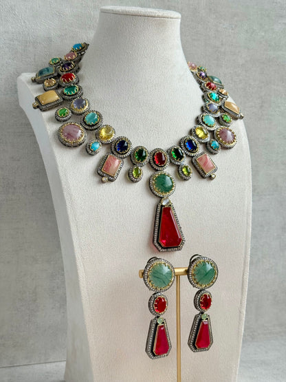 Ayura Designs Ophelia Set with Necklace & Earrings – Navratan Stone Detailing with Antique Silver Finish