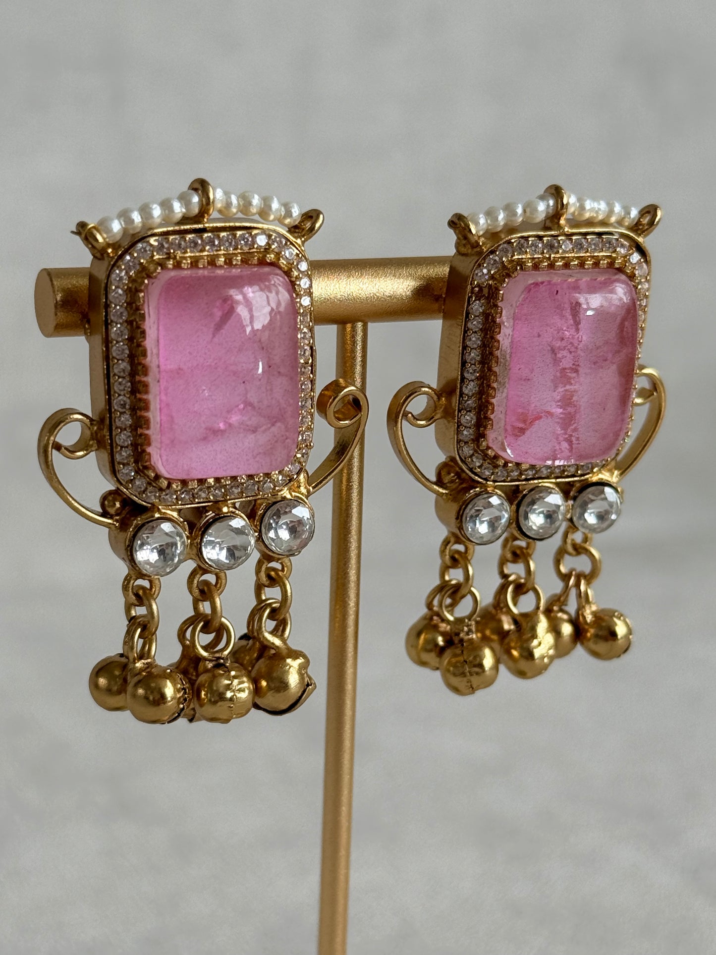 Ayura Designs Aleena Earrings – Blush Pink Stone Stud Earrings with Pearls & Ghungroo Detailing