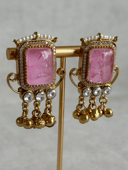 Ayura Designs Aleena Earrings – Blush Pink Stone Stud Earrings with Pearls & Ghungroo Detailing