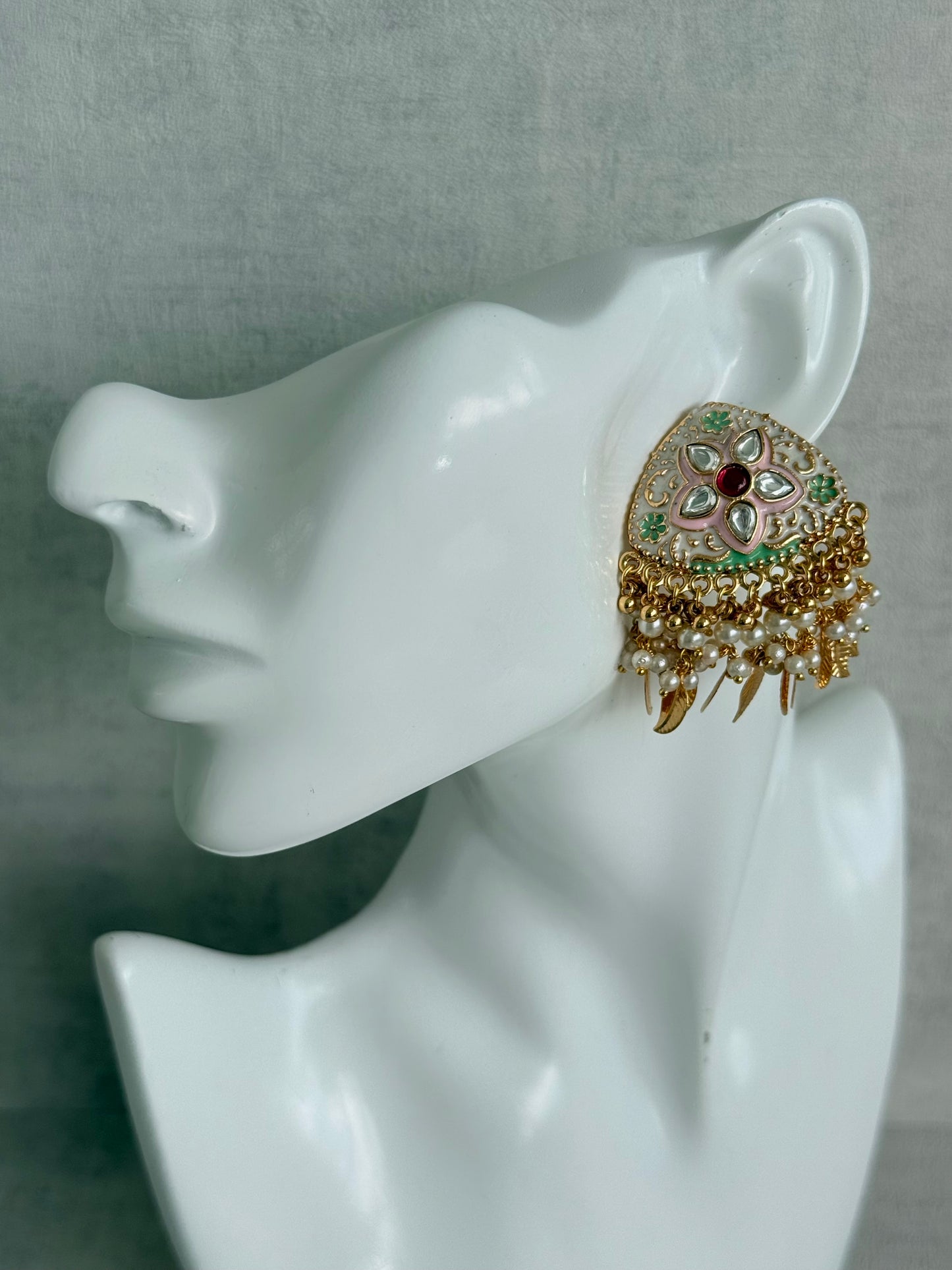 Ayura Designs Rozina Earrings – Floral Meenakari Earrings with Ruby Pink Centre Stone, Pearl Clusters & Gold Leaf Charms