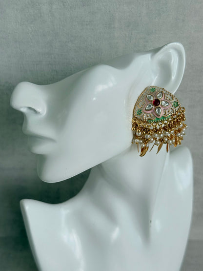 Ayura Designs Rozina Earrings – Floral Meenakari Earrings with Ruby Pink Centre Stone, Pearl Clusters & Gold Leaf Charms