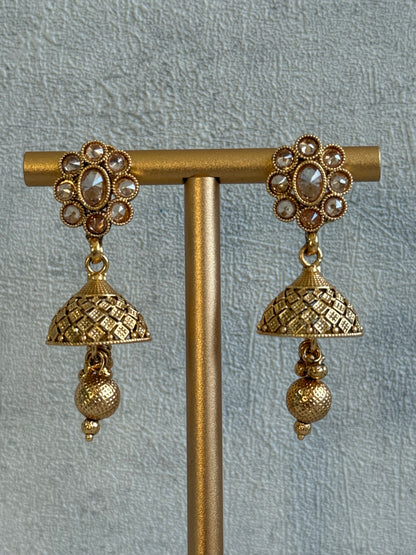 Ayura Designs Kavish Choker Set – Antique Gold Choker with Jhumkis in Champagne Stones & Pearl Detailing