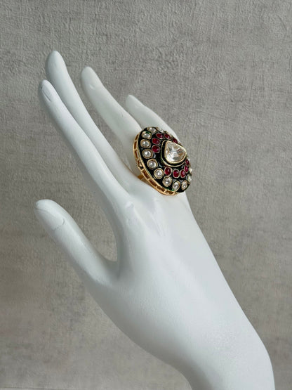 Ayura Designs Firdos Adjustable Ring – Mirror-Cut Stone Statement Ring with Green Enamel & Ruby Pink Detailing