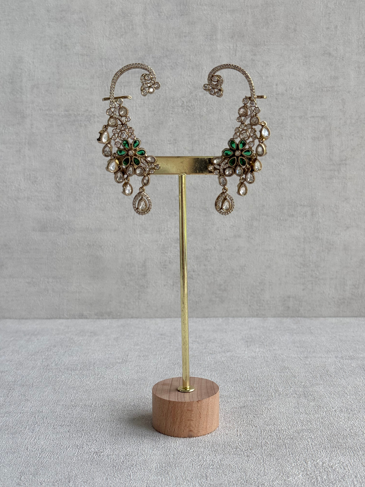Ayura Designs Aksara Kaanphool Earrings – Emerald Green Stones, Kundan, Crystals & Antique Gold Finish