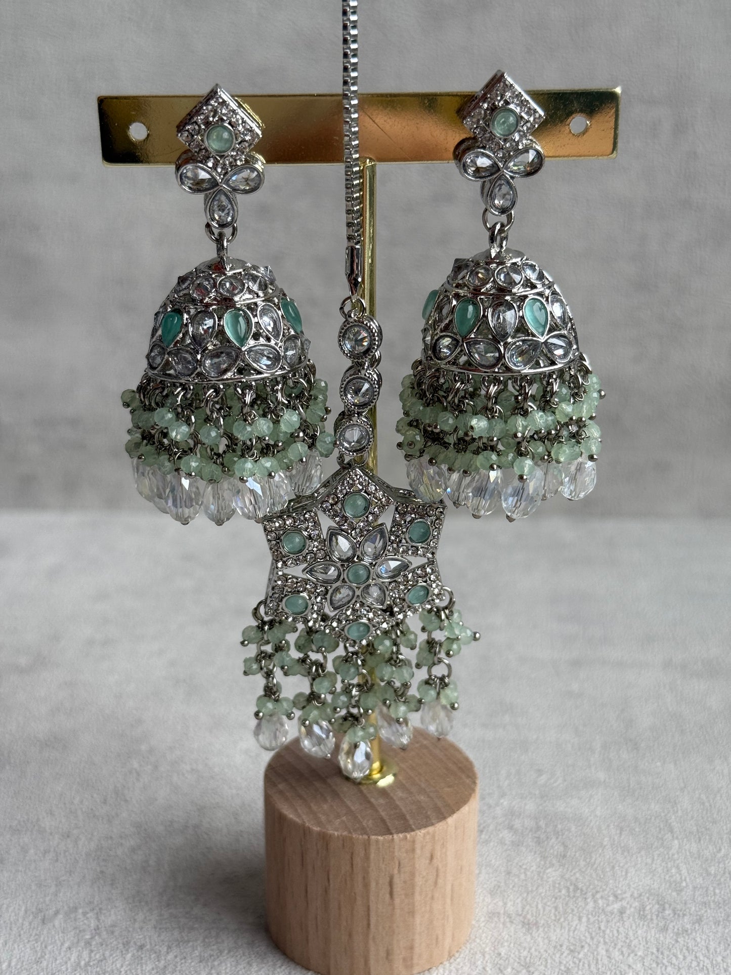 Ayura Designs Rayna Set – Necklace, Jhumkis & Tikka with Mint Green Beads, Mirror-Cut Stones & Silver Finish