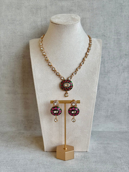 Ayura Designs Jiya Set with Earrings – Oval Motif, Pink & Green Meenakari with Crystal Detailing