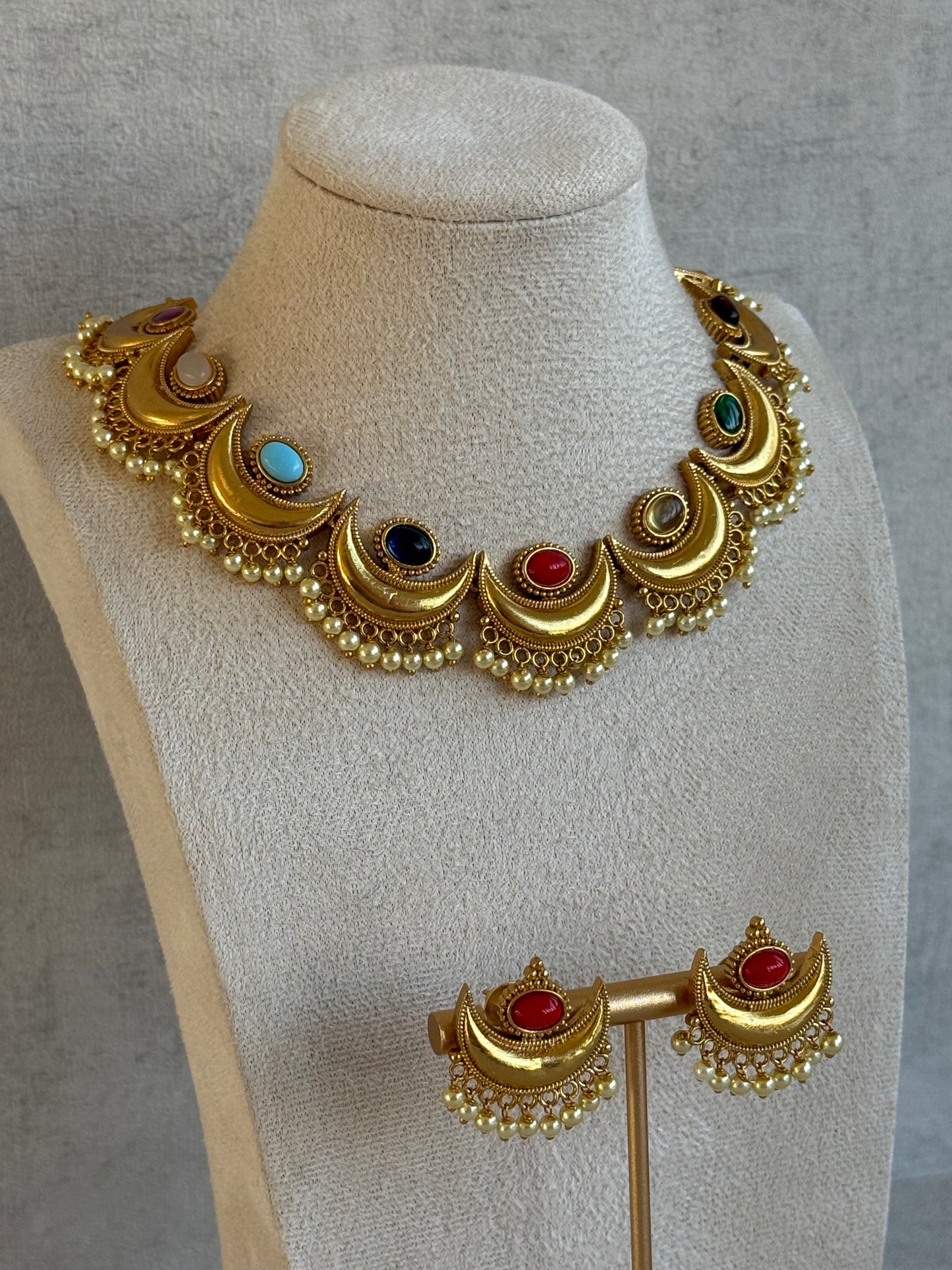 Ayura Designs Laksha Set with Earrings – Antique Gold Crescent Motifs, Multicolour Stones & Pearl Detailing