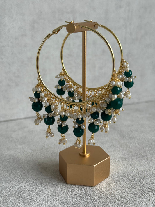 Ayura Designs Bijli Balis – Emerald Green Beads, Pearl Clusters, Gold-Tone Hoop Earrings