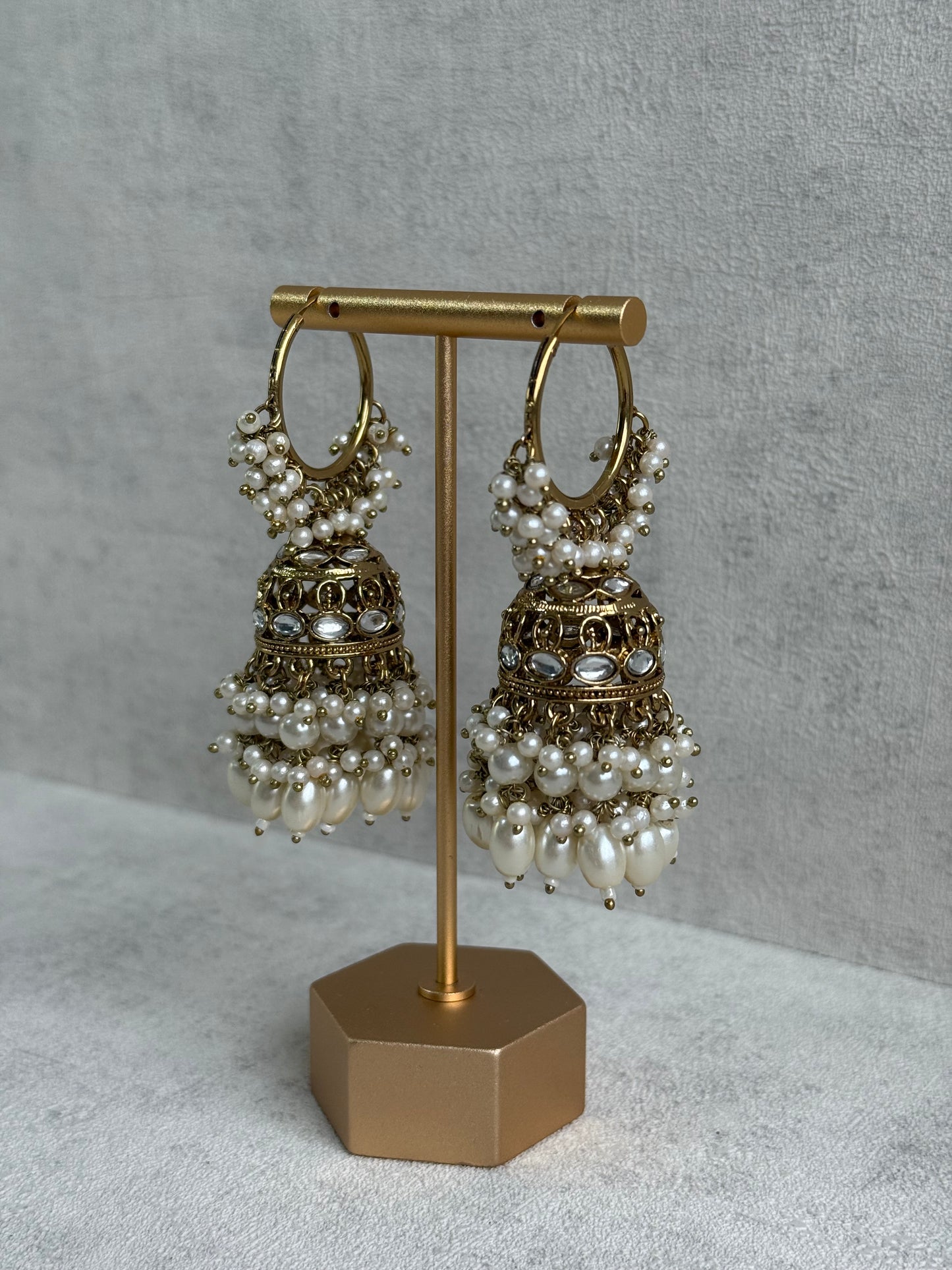 Ayura Designs Jugni Jhumkis – Antique Gold Balis with Pearl Clusters & Kundan Detailing