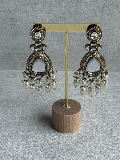Ayura Designs Nageen Earrings – Antique Gold Jhumkis with Mirror-Cut Stones & Ivory Pearl Drops