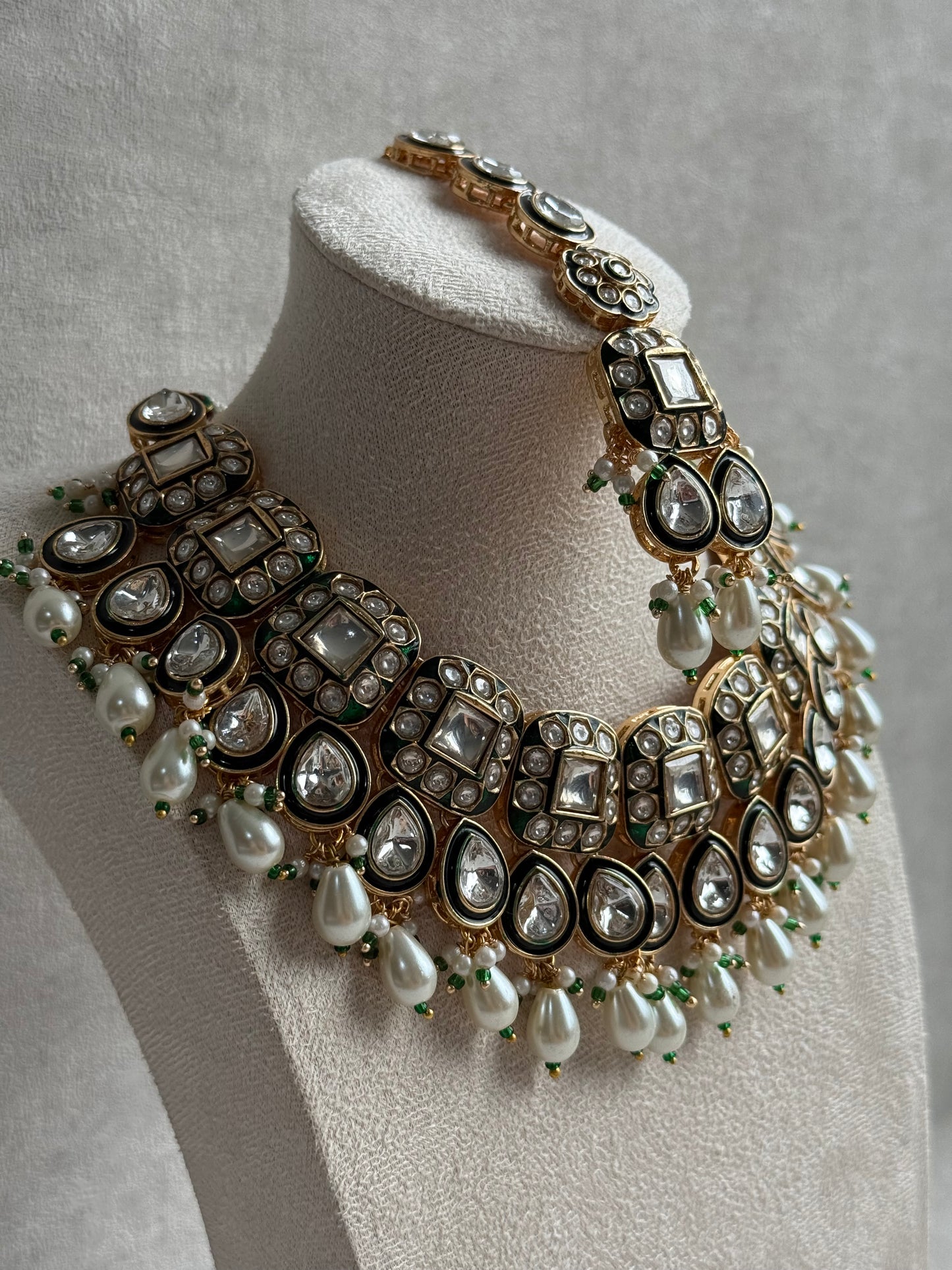 Ayura Designs Salma Set – Necklace, Earrings & Tikka with Mirror-Cut Kundan, Ivory Pearls, Emerald Green Meenakari & Gold Finish