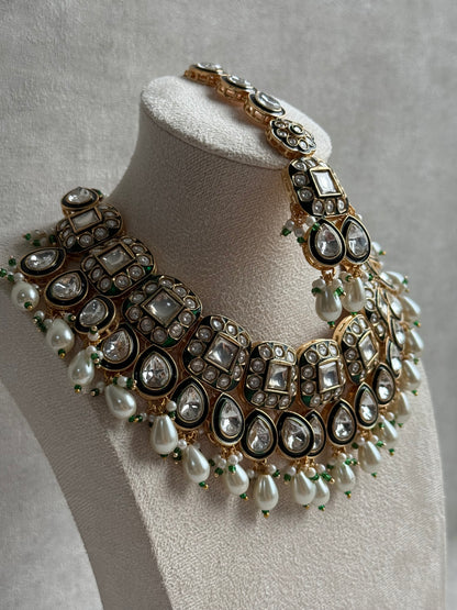 Ayura Designs Salma Set – Necklace, Earrings & Tikka with Mirror-Cut Kundan, Ivory Pearls, Emerald Green Meenakari & Gold Finish