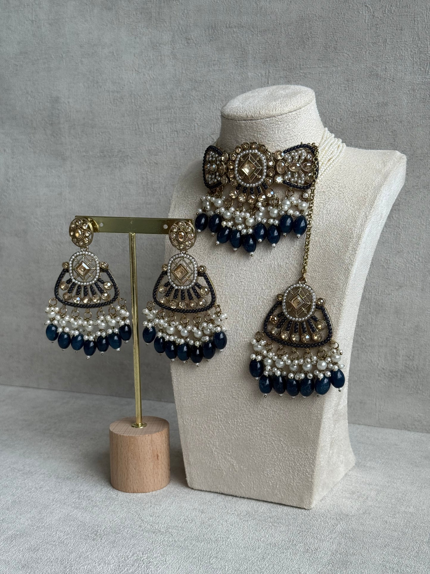 Ayura Designs Qudsia Set with Necklace, Earrings & Tikka – Navy Blue Stones, Kundan Detailing & Antique Gold Finish