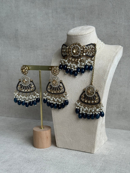Ayura Designs Qudsia Set with Necklace, Earrings & Tikka – Navy Blue Stones, Kundan Detailing & Antique Gold Finish