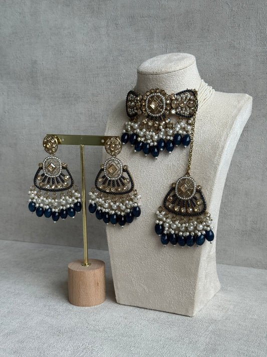 Ayura Designs Qudsia Set with Necklace, Earrings & Tikka – Navy Blue Stones, Kundan Detailing & Antique Gold Finish