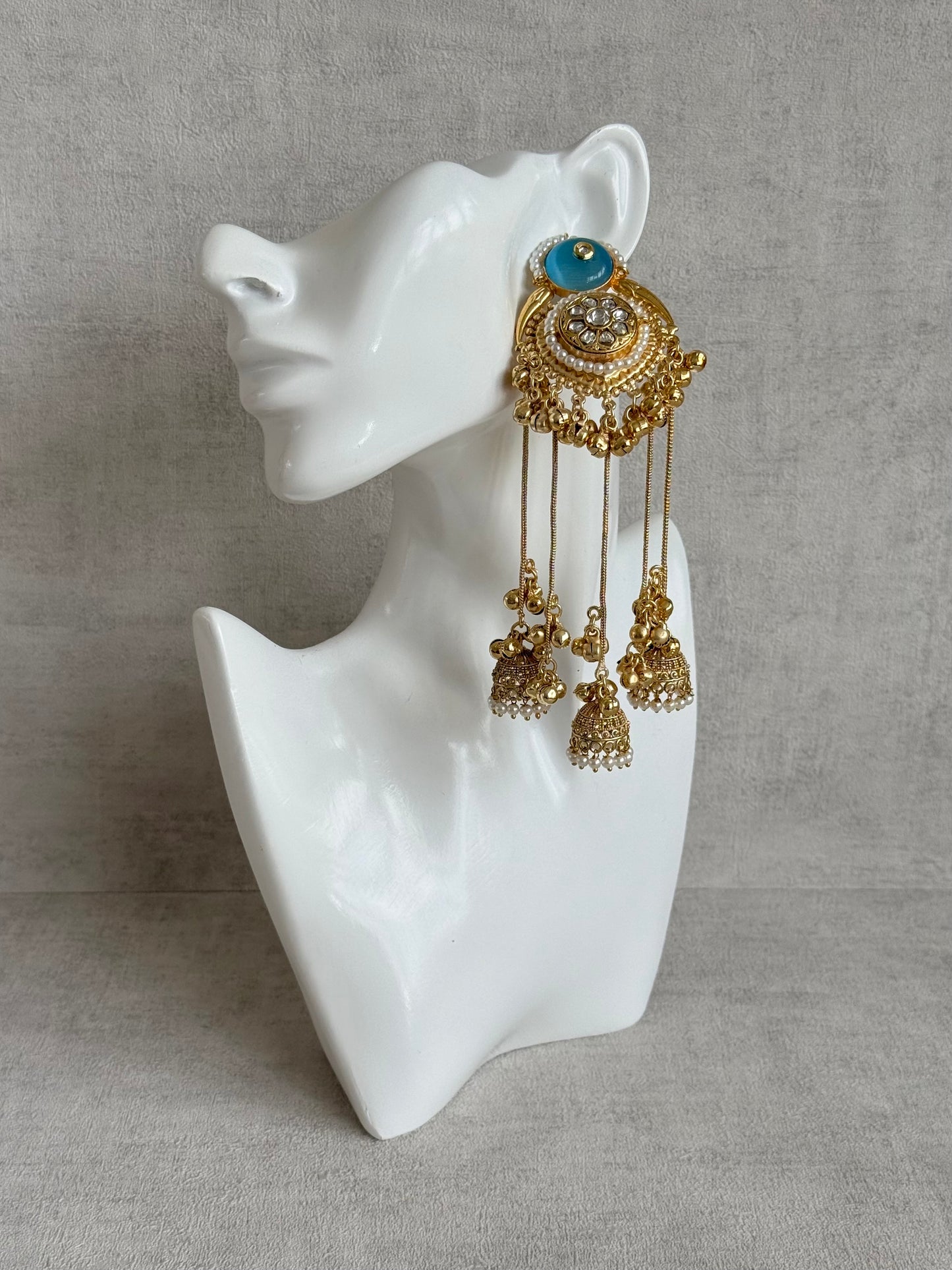Ayura Designs Shagan Earrings – Aqua Blue Statement Earrings with Multi Jhumki Drops, Pearl Detailing & Ghungroo Accents