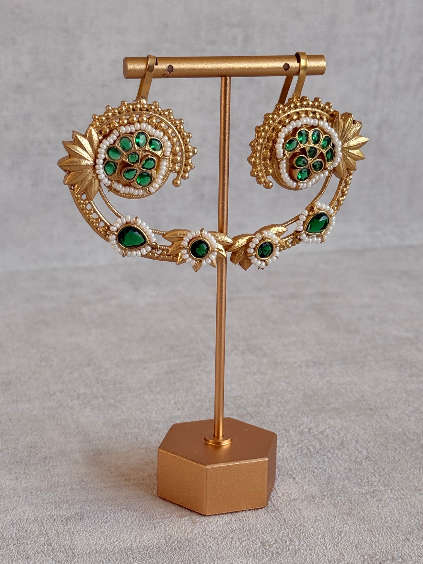 Ayura Designs Raatani Ear Climbers – Emerald Green Ear Climbers with Pearl Detailing & Floral Cutwork Design