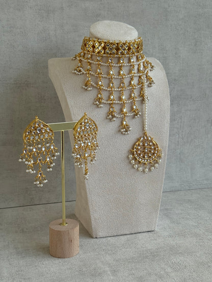 Ayura Designs Basant Set with Choker, Earrings & Tikka – Mirror-Cut Stones, Pearl Fringe & Antique Gold Finish