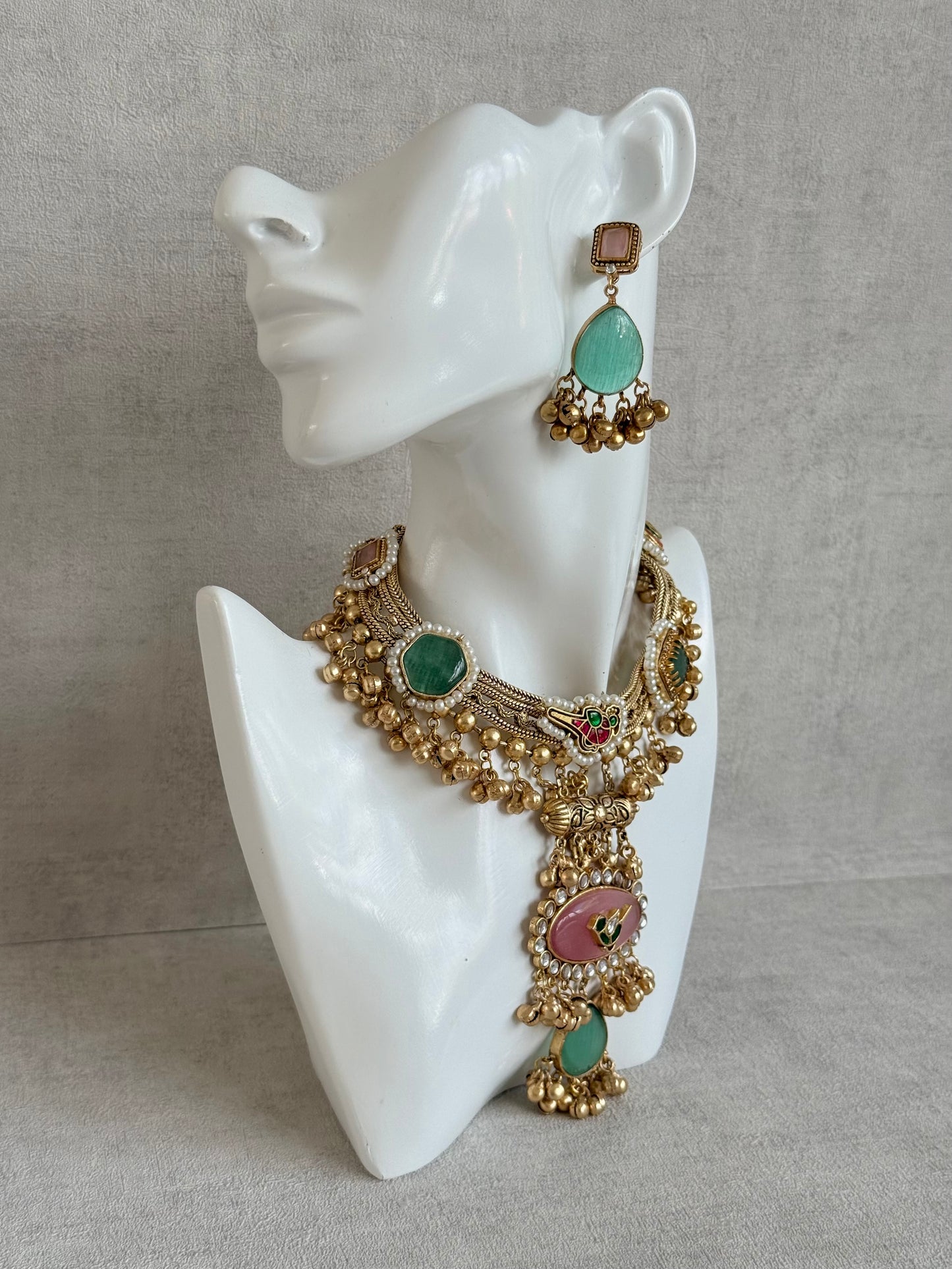 Ayura Designs Ahista Necklace Set with Earrings – Statement Pendant Necklace with Pink & Aqua Green Cat Eye Stones, Pearl Detailing & Ghungroo Accents