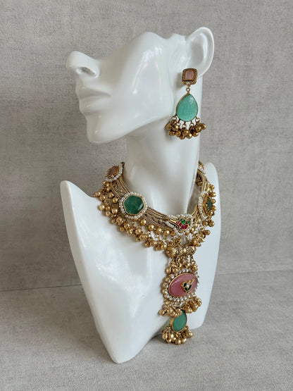 Ayura Designs Ahista Necklace Set with Earrings – Statement Pendant Necklace with Pink & Aqua Green Cat Eye Stones, Pearl Detailing & Ghungroo Accents