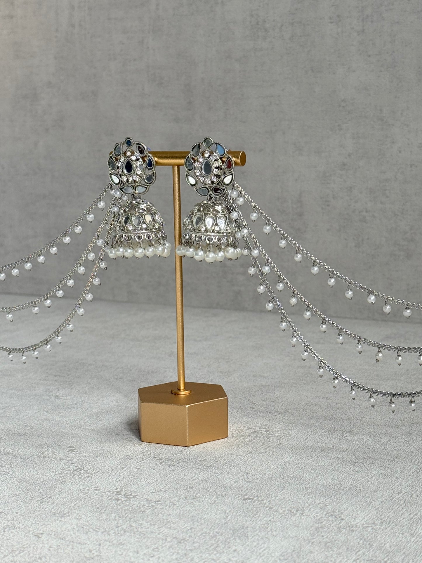 Ayura Designs Aiyana Jhumkis – Silver Mirror-Cut Earrings with Detachable Triple-Layer Pearl Sahare