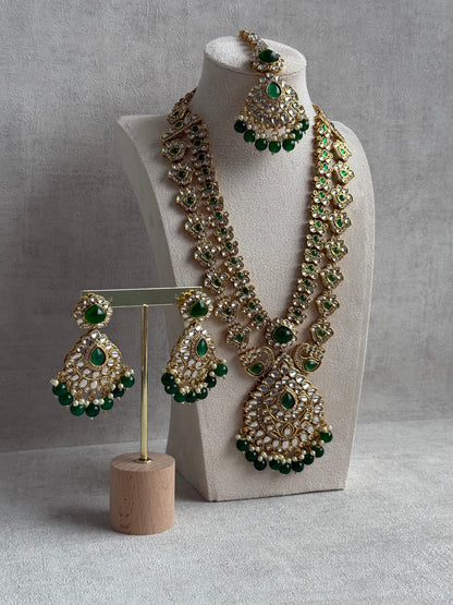 Ayura Designs Javeria Set with Earrings & Tikka – Emerald Green Stones, Mirror Kundan & Gold Finish