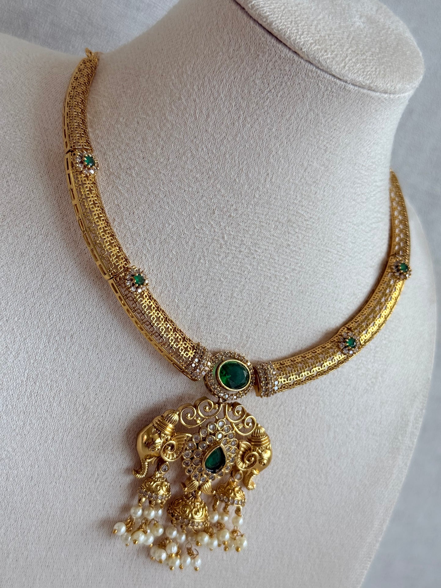Ayura Designs Wadha Collar Necklace Set with Earrings – Gold Elephant Pendant & Emerald Green Stone Detailing
