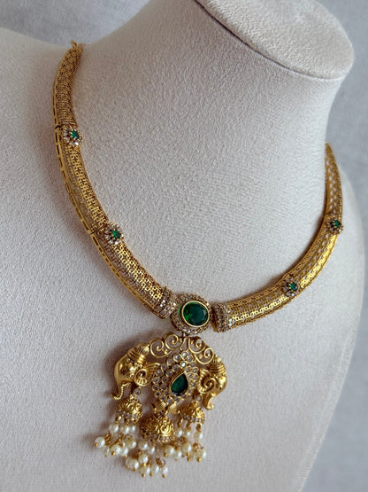 Ayura Designs Wadha Collar Necklace Set with Earrings – Gold Elephant Pendant & Emerald Green Stone Detailing