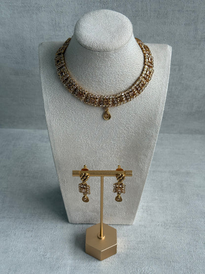 Ayura Designs Yashna Set – Necklace & Earrings with Champagne Kundan and Pearl Detailing in Antique Gold Finish