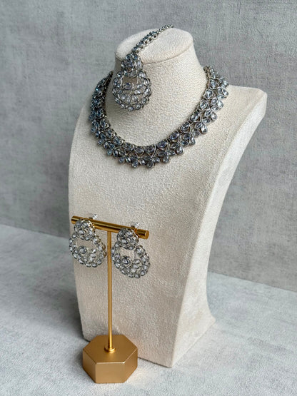 Ayura Designs Urwa Set – Necklace, Earrings & Tikka with Mirror-Cut Stones in Antique Silver Finish