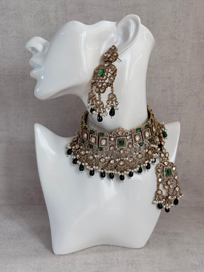 Ayura Designs Aisha Choker Set with Earrings & Tikka – Emerald Green Stones, Polki & Pearl Detailing