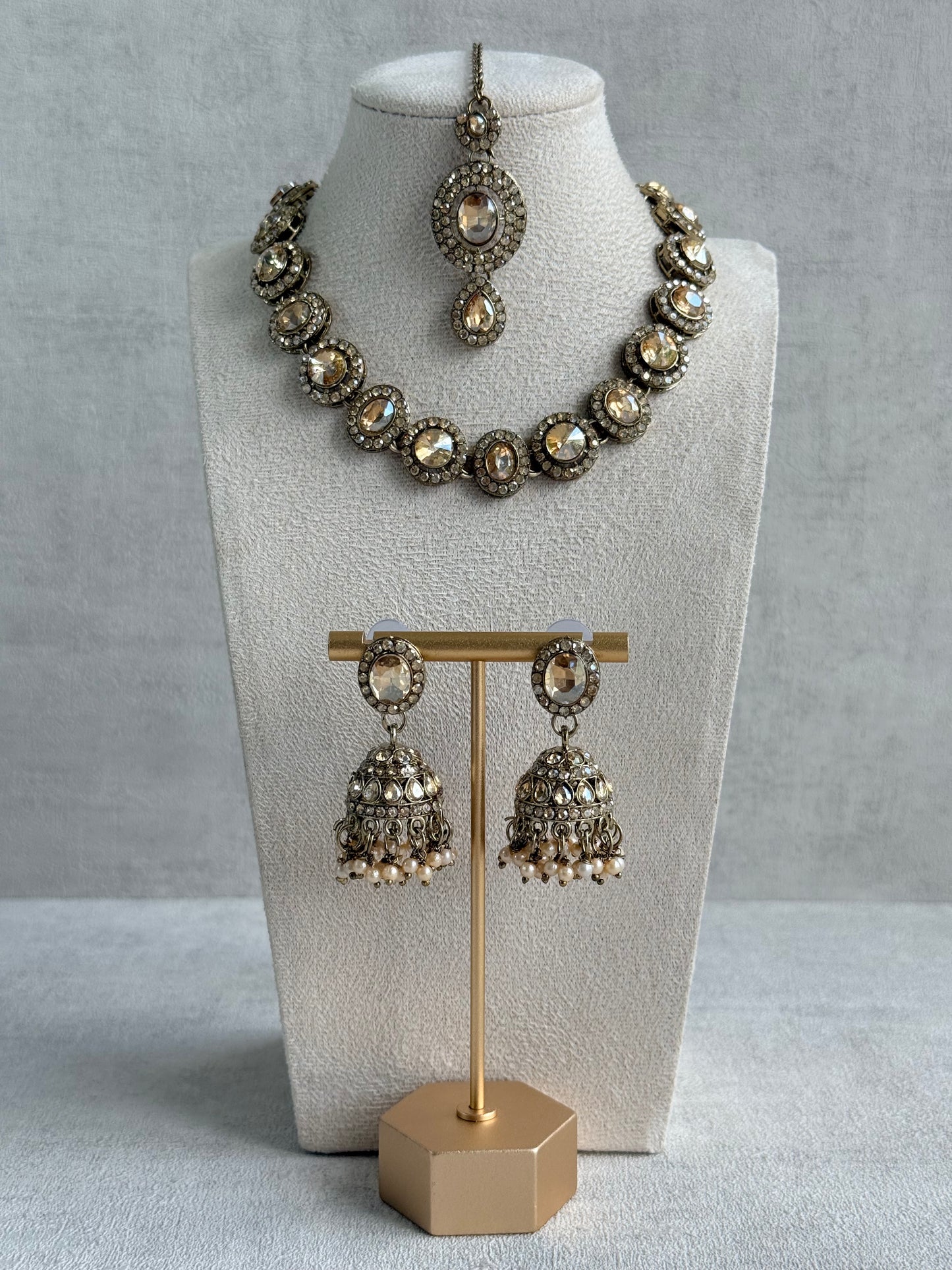 Ayura Designs Eira Necklace Set with Earrings & Tikka – Champagne Gold Crystal Stones with Antique Gold Finish