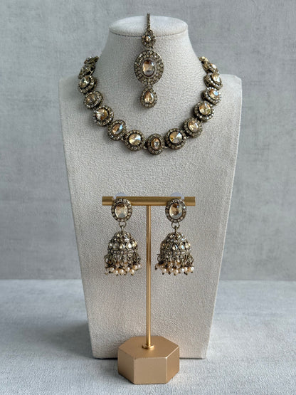 Ayura Designs Eira Necklace Set with Earrings & Tikka – Champagne Gold Crystal Stones with Antique Gold Finish