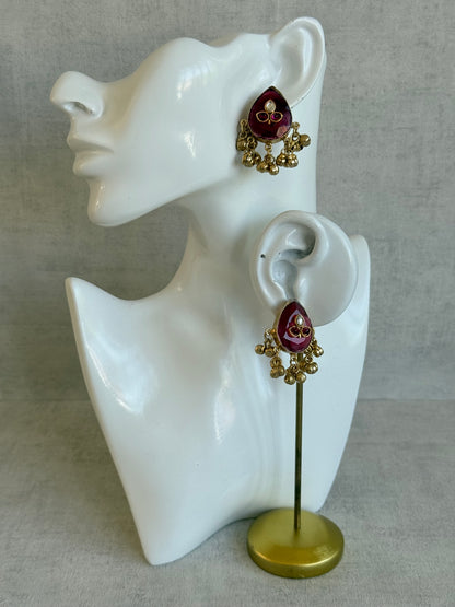 Ayura Designs Aykai Earrings – Ruby Pink Teardrop Stud Earrings with Clear Kundan Stones and Gold Ghungroo Drops