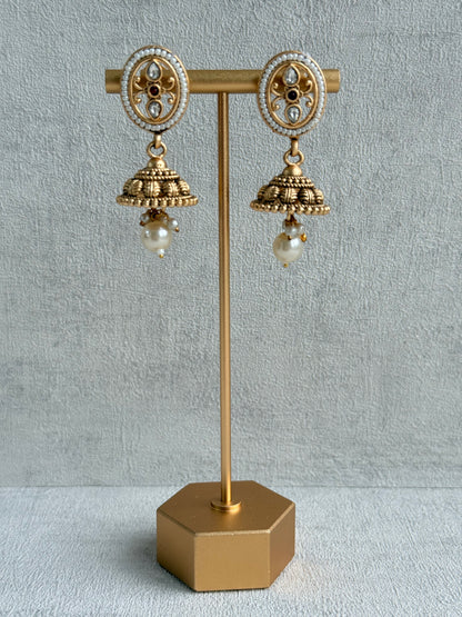 Ayura Designs Laina Necklace Set with Jhumkis – Kundan & Rani Pink Stones, Pearls & Antique Gold Finish
