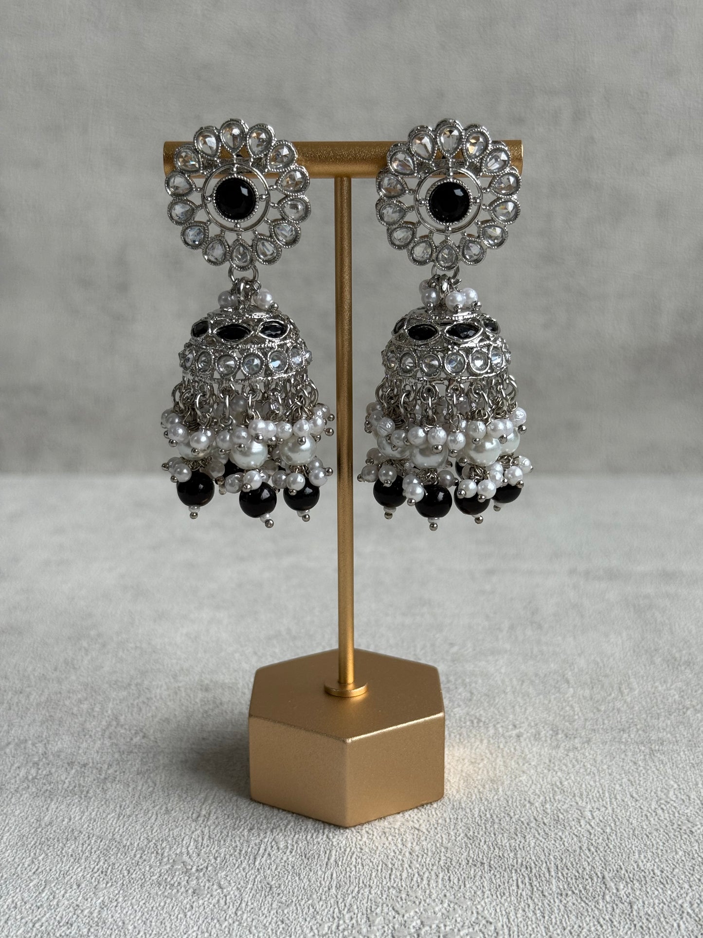 Ayura Designs Barira Set – Necklace, Jhumkis & Tikka with Black Stones, Pearls & Antique Silver Finish